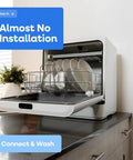 Portable Countertop Dishwasher With Five Wash Programs And Straight Setup Faucet Hookup Ideal For Small Apartments Dorms And Motorhome Cabins, showing plates inside a small machine.