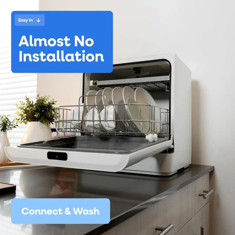 Portable Countertop Dishwasher With Five Wash Programs And Straight Setup Faucet Hookup Ideal For Small Apartments Dorms And Motorhome Cabins, showing plates inside a small machine.