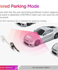 Diagram of 24H buffered parking mode for 2K Dash Cam With 60FPS HDR Dope Night Vision STARVIS 2 Sensor 5GHz Wifi GPS Voice Control 24 Hour Parking Mode Supercapacitor Compact Mini Design No SD Card Included showing coverage angle on car