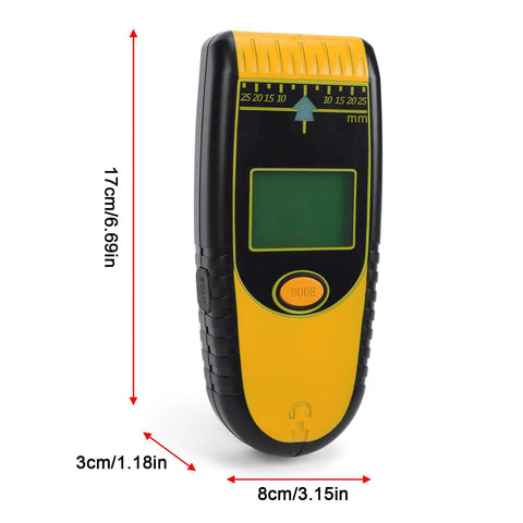 Hyuduo Stud Finder Wall Scanner 7 in 1 (Yellow) Detailed LCD display, measuring 17cm height, with multifunctional controls.