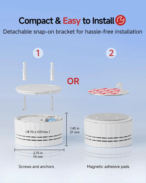 Make Sure Your Loved Ones Stay Chill With This Rock Solid Interconnected Carbon Monoxide Detector Offering Legit UL Certification And Pain Free Mounting For Serious Household Safety, showcasing installation options with bracket and sizes.