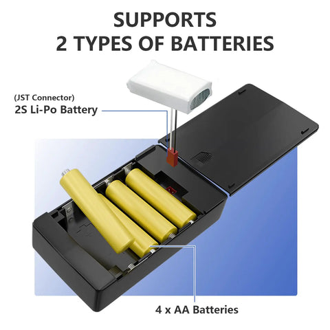 Battery compartment for 2.4 GHz Pro Grade 11 Channel Radio Transmitter with FS MG11 Model, supports 2S Li-Po and 4 AA batteries