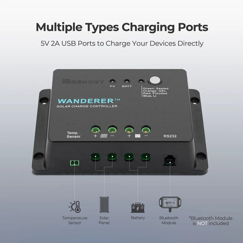 12V 30A PWM Solar Charge Controller With 4 Stage Charging For Lithium Gel And Flooded Batteries showing front ports and labels.