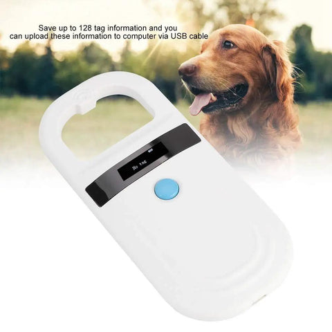 134.2KHz RFID Microchip Reader for Animals with OLED display and USB Type C, shown next to a dog
