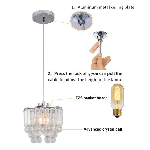 Diagram of Set Of 2 Polished Crystal Pendant Lights With Cord Adjustable Hanging, including ceiling plate and E26 socket.