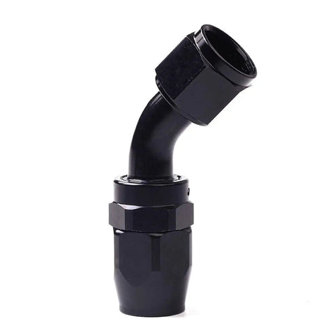 Close-up of a black rotary swivel end for 12AN 10Ft Universal Braided Stainless Steel Fuel Line Kit With Nylon CPE Hose.