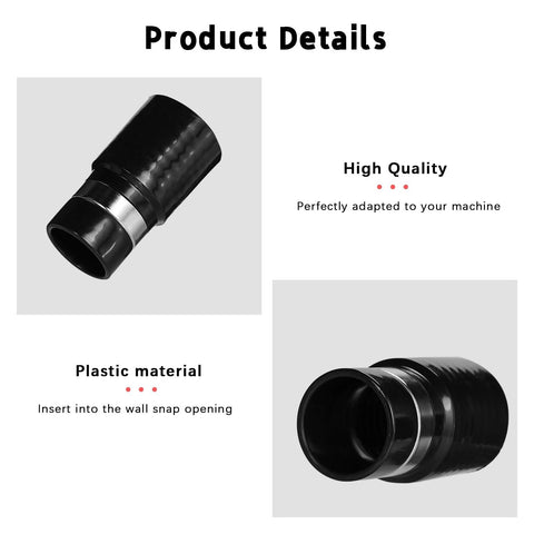 KingBra 1-1/4-inch central vacuum hose adapter, black plastic with metal band; side and front views