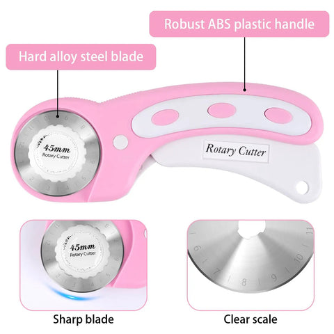 Versatile 45mm Rotary Cutter For Fabric With Five Extra Blades, Ergonomic Roller Cutter Design, Cuts Through Multiple Layers, Safety Lock For Left And Right Handed, Pro Sewing And Quilting Tools Pink