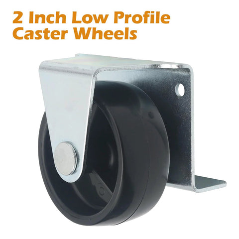Single Low Profile 2 Inch Caster Wheels For Trundle Beds And Cabinets, metal bracket, black wheel, side view