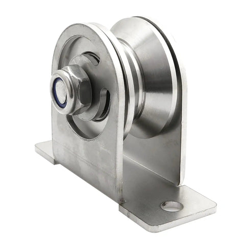Detachable Stainless Steel V-Type Groove Sliding Wheel Roller Track Rail Fixed Pulley With Duplex Bearing For 0-13mm Wire Rope 304 Stainless Steel Construction Silent Double Bearings Silver Tone Includes M6 Expansion Screws For Concrete Mount mounted on base