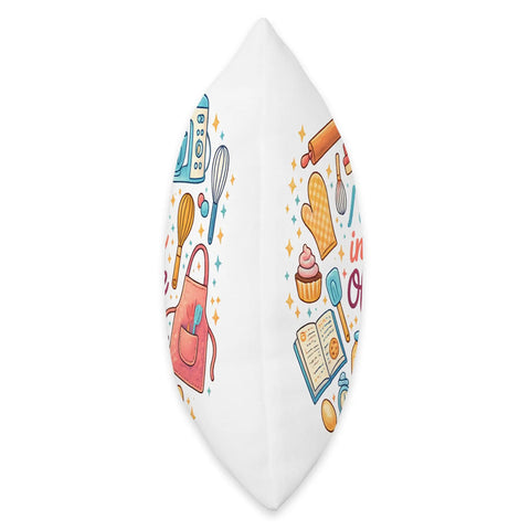 Side view of "I'll Be In My Office Baking Kitchen Cooking Throw Pillow With Double Sided Print Soft Polyester Fill Hand Cut And Sewn"