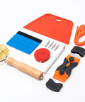 Peel And Stick Wallpaper Backsplash Application Tool Smoothing Kit with light yellow and blue squeegees and craft knife blades