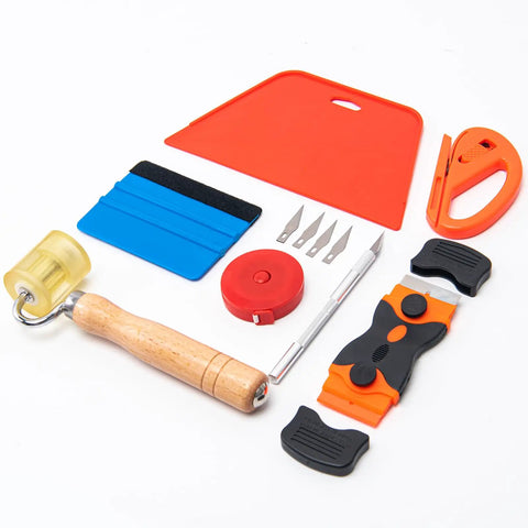 Peel And Stick Wallpaper Backsplash Application Tool Smoothing Kit with light yellow and blue squeegees and craft knife blades