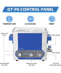 GT-P6 control panel showing temperature, ultrasonic, and timer settings for Big 6 Liter Ultrasonic Cleaner With Digital Timer And Heat Function For PCBs Jewelry Tools.