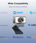 Sweet 120 Degree Wide Angle Webcam Loaded With Punchy Noise Canceling Mic For Zero Glitch Boardroom Meetings And Totally Hassle Free Telecommuting Video Calls On Any Desktop showing wide compatibility with various software.