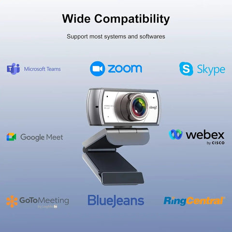 Sweet 120 Degree Wide Angle Webcam Loaded With Punchy Noise Canceling Mic For Zero Glitch Boardroom Meetings And Totally Hassle Free Telecommuting Video Calls On Any Desktop showing wide compatibility with various software.