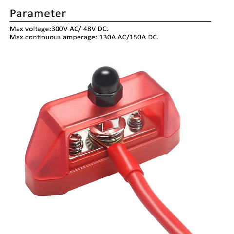 Heavy Duty 3 Circuit Power Distribution Bus Bar Terminal With Reinforced Polycarbonate Cover Straight Up Solid Marine Audio Wiring Kit featuring red terminal and wiring.