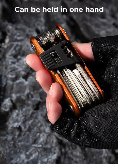 16 In 1 Bike Multi Tool Kit With Allen Wrenches And Screwdrivers For Mountain Bikes held in hand showing compact design
