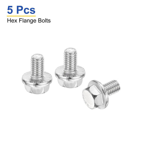 Rugged 5 Pack M6 X 10mm Hex Serrated Flange Bolts Screws Built From Top Shelf 304 Stainless Steel for DIY projects.