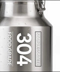 Heavy Duty 304 Stainless Steel Milk Can And Water Jug With Secure Airtight Lid Freestanding Drink Dispenser close-up showing food grade label.