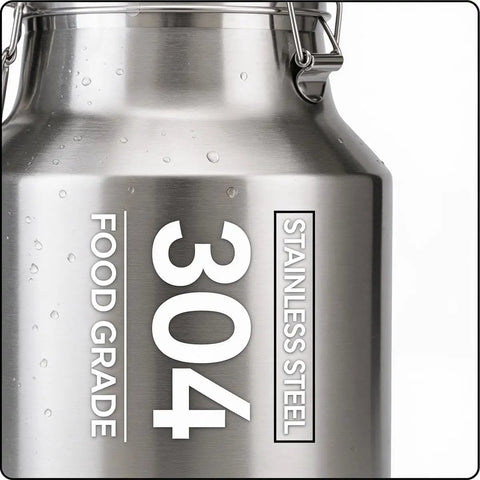 Heavy Duty 304 Stainless Steel Milk Can And Water Jug With Secure Airtight Lid Freestanding Drink Dispenser close-up showing food grade label.