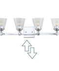 Chrome 4-Light Vanity Light Wall Sconce with clear seeded glass shades and reversible mount design, 28.5 inch long, shown front view.