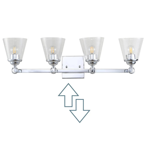 Chrome 4-Light Vanity Light Wall Sconce with clear seeded glass shades and reversible mount design, 28.5 inch long, shown front view.