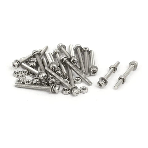 DIY Ready Pan Head Screw Bolt Nut Washer Kit M3 Set With 20 Full Sets For Batch Assembly Ideal For Quick Fixes Unified M3 Threads Multiple Length Options Integrated Matching Parts In One Color, silver M3 screws, nuts, and washers grouped