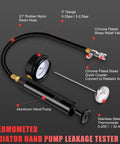 Radiator Coolant Pressure Tester Kit With Vacuum Refill Tool And 28 Piece Adapters For Cars And Trucks Pro Grade Automotive Cooling System Leak Test And Pneumatic Purge Fill Set With Universal Testing Caps showing aluminum hand pump with gauge and brass valve.
