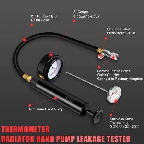 Radiator Coolant Pressure Tester Kit With Vacuum Refill Tool And 28 Piece Adapters For Cars And Trucks Pro Grade Automotive Cooling System Leak Test And Pneumatic Purge Fill Set With Universal Testing Caps showing aluminum hand pump with gauge and brass valve.