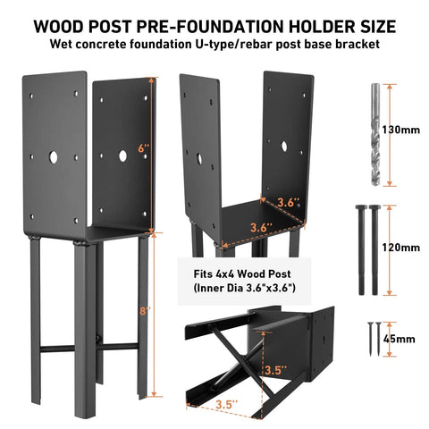 4x4 Post Anchor For Wet Concrete 14 Inch U Shape Fence Post Base with hardware kit and dimensions