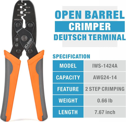 Pro Grade Open Barrel Crimp Tool For Molex AMP TYCO Deutsch Terminals 24 14 AWG with orange handles and specifications chart.