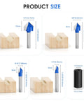 Top Notch V Groove Router Bit Set Made From Solid Carbide With Double Flutes And A Quarter Inch Shank For Dead Precision Cnc Engraving And Pro Woodworking Crafting Decorative Edges Without The Hassle Of Complicated Setup size comparison with various bits on wood blocks.