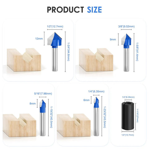 Top Notch V Groove Router Bit Set Made From Solid Carbide With Double Flutes And A Quarter Inch Shank For Dead Precision Cnc Engraving And Pro Woodworking Crafting Decorative Edges Without The Hassle Of Complicated Setup size comparison with various bits on wood blocks.