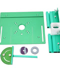 Heavy Duty Anodized Aluminum Router Lift Tool With Knockout Height Calibration And Rock Solid Flip Base Insert Plate For Pro Woodworking Bench and Laser Engraver Rig Upgrade components layout showing green plate and calibration tools.