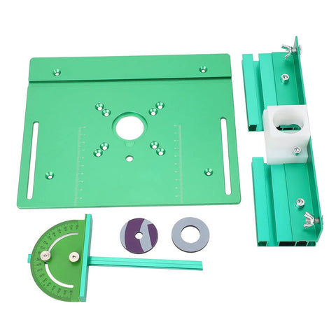 Heavy Duty Anodized Aluminum Router Lift Tool With Knockout Height Calibration And Rock Solid Flip Base Insert Plate For Pro Woodworking Bench and Laser Engraver Rig Upgrade components layout showing green plate and calibration tools.