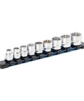 Stubby Socket Set 9-Piece SAE 12-Point 3/8 Drive Sockets With Hard Chrome Finish displayed in a row on a black organizer.