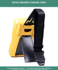 Side view of a yellow Fluke multimeter with black magnetic hanging strap attached for on the job convenience.