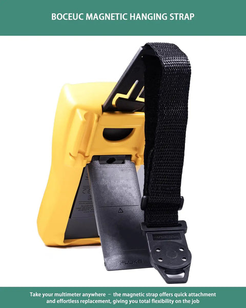 Side view of a yellow Fluke multimeter with black magnetic hanging strap attached for on the job convenience.