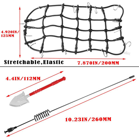 Decked-Out RC Crawler Decoration Kit For 1/10 TRX4 TRX6 SCX10 Gen 7 8 Orange showing luggage net, shovel, and antenna details
