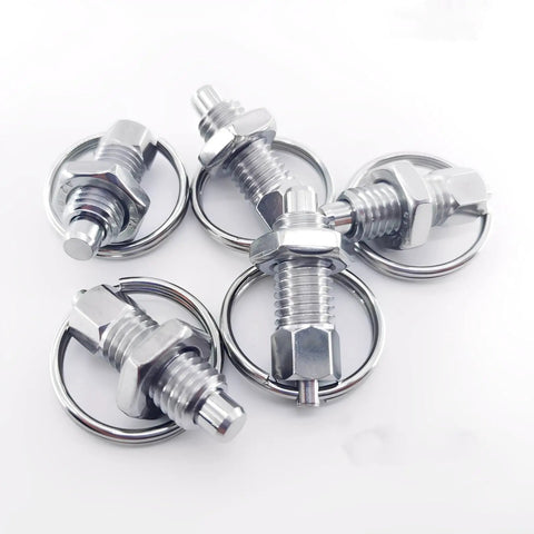 Four Pack Heavy Duty M12 Stainless Steel Spring Plunger With Pull Ring, showing shiny pins with rings for easy release.