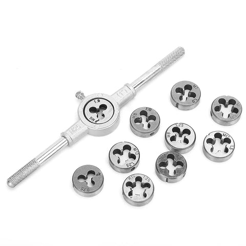 Solid 11 Piece Screw Thread Tap Die Set With Precision CNC Machined Tools Made For Heavy Duty Mechanical Jobs And Hard Steel Cutting Up To 60 Hrc High Performance Hand Tool Kit Including Quick Grip 25mm Wrench, metric taps and dies