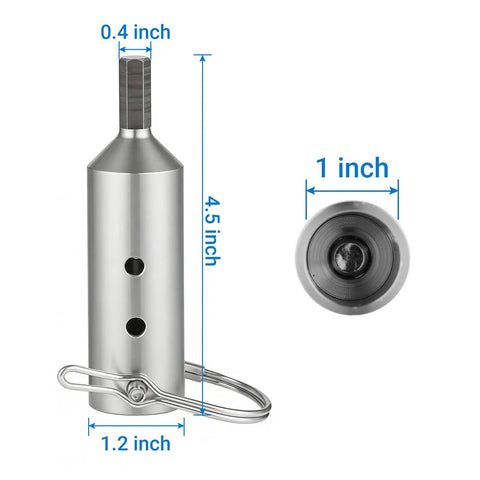Heavy Duty Stainless Steel Trailer Jack Drill Adapter 4.5 Inch Length fits 1 inch drive shaft, showing dimensions.