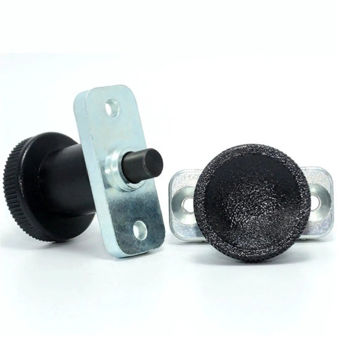 Heavy Duty Flange Mount Indexing Plunger With Dependable Spring Pin And Smooth Plastic Knob GN608 Model, featuring black knob and metal base.