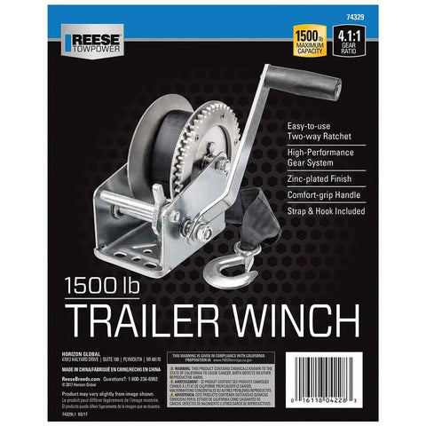 Box of Boat Trailer Hand Crank Winch 1500 Lb Capacity With 6 Inch Comfort Grip Handle Single Speed 20 Ft Strap Heavy Duty Steel