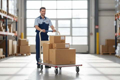 24X36 Aluminum Platform Truck Cart, 660 Lb Heavy Duty Workhorse Flatbed, moving boxes in warehouse.