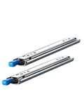 Smooth As Butter Heavy Duty 3 Fold Full Extension Ball Bearing Drawer Slides with blue release button and steel tracks.