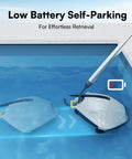 Cordless Robotic Pool Cleaner For Above Ground Pools With 40W Suction, dual cleaning system, shown self-parking with low battery.