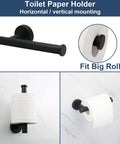 Self Adhesive Matte Black Bathroom Hardware Set With 16 To 24 Inch Adjustable Towel Bar, Toilet Paper Holder, 3 Towel Hooks, No Drill Installation, Stainless Steel 6 Piece Bath Accessory Kit showing matte black toilet paper holder for big rolls.