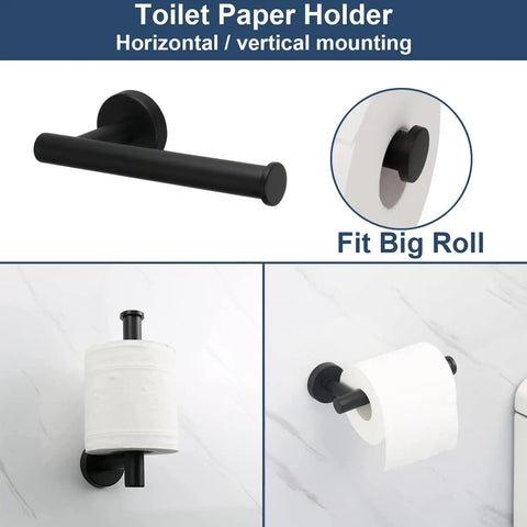 Self Adhesive Matte Black Bathroom Hardware Set With 16 To 24 Inch Adjustable Towel Bar, Toilet Paper Holder, 3 Towel Hooks, No Drill Installation, Stainless Steel 6 Piece Bath Accessory Kit showing matte black toilet paper holder for big rolls.
